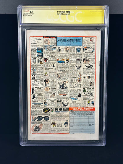 An Iron Man #149 comic book page from Marvel Comics, graded and encapsulated by CGC with a yellow B-9 label at the top, shown against a dark background.