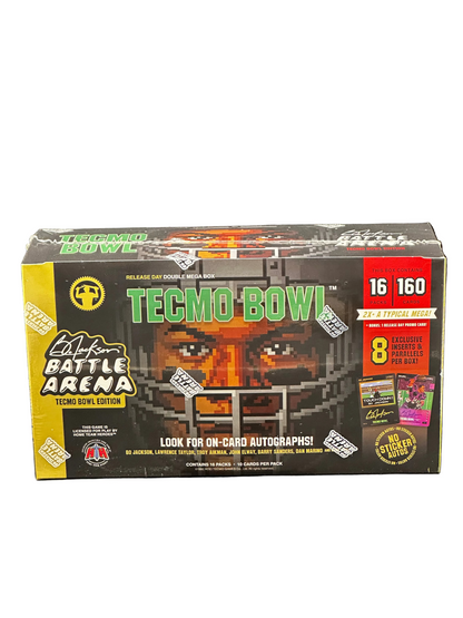 A sealed box of 2024 TECCO BOWL 16-team football trading cards from the Elevation Battle Arena, featuring a pixelated football helmet graphic and team logos on a black background.