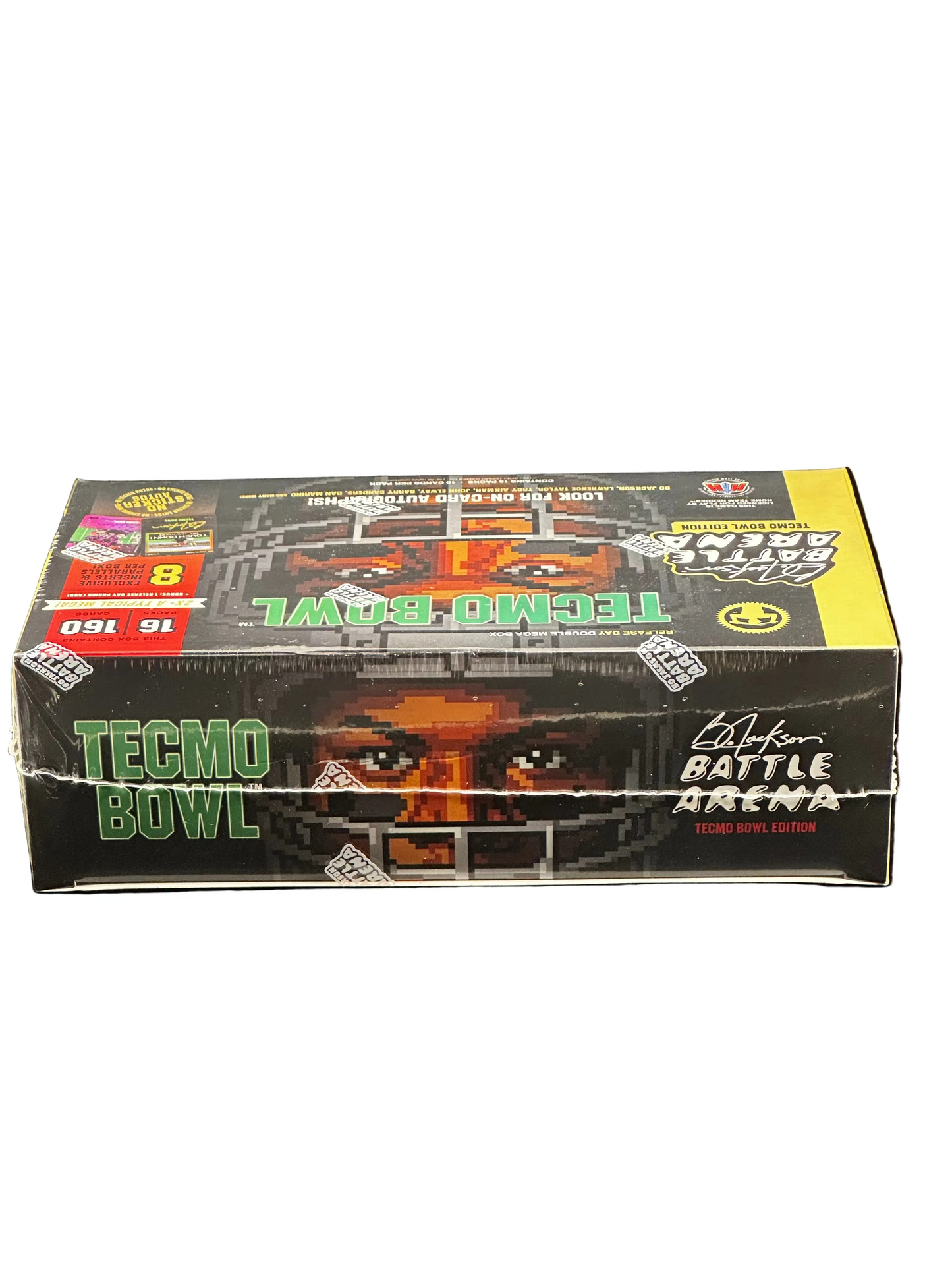 A sealed Tecmo Bowl 1990 video game box for the Nintendo Entertainment System, featuring a pixel-art football helmet and face graphic, with 'Tecmo Bowl' and 'Battle Arena' text on the front and side.