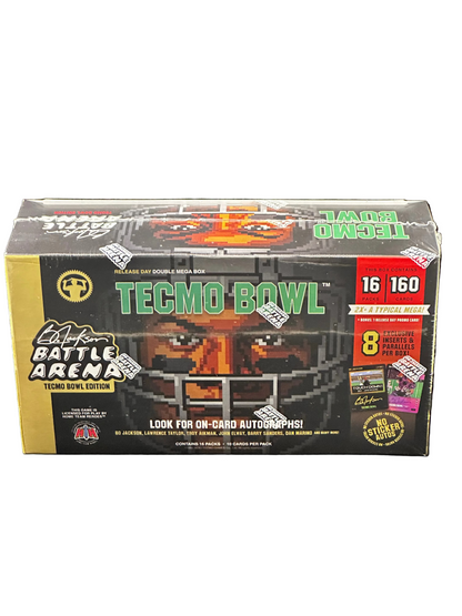 A sealed TECMO BOWL 1974 vintage collectible card box by Exotica, displayed on a black background. The box features a black and orange pixel-art football helmet design with green 'TECMO BOWL' lettering and gold accents.