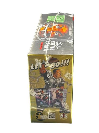 A sealed booster box for the Marvel Battle-Action Trading Card Game, wrapped in clear plastic and photographed on a black background. The box features a gold and black design with comic book character illustrations and the text 'LET'S BO!!!' and 'Battle-Action Trading Card Game'.
