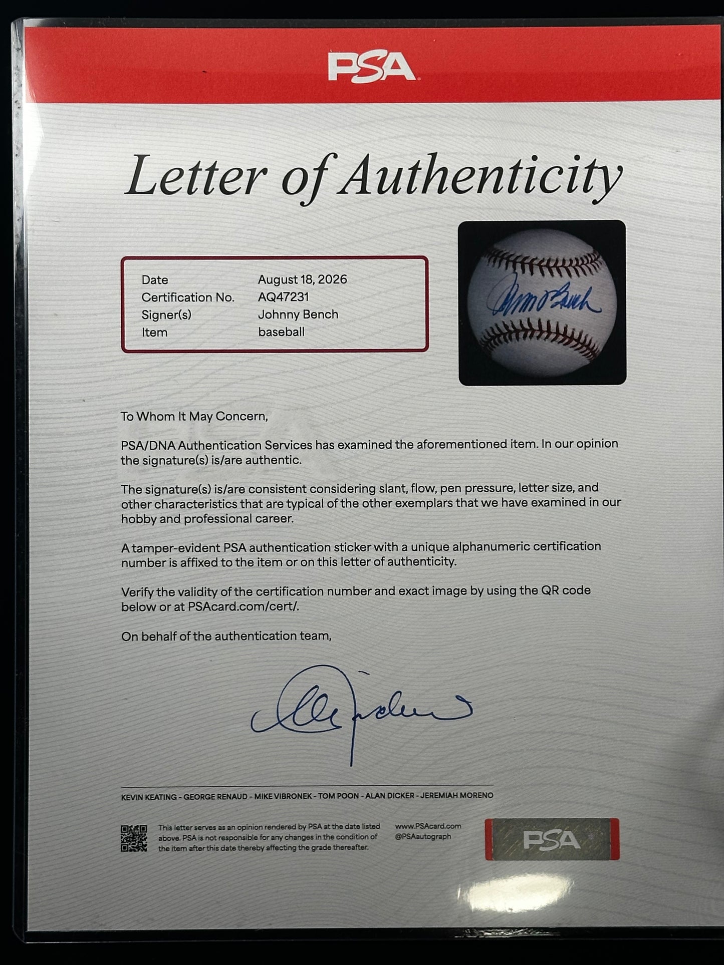 Johnny Bench Signed Rawlings Baseball PSA/DNA Authenticated + LOA