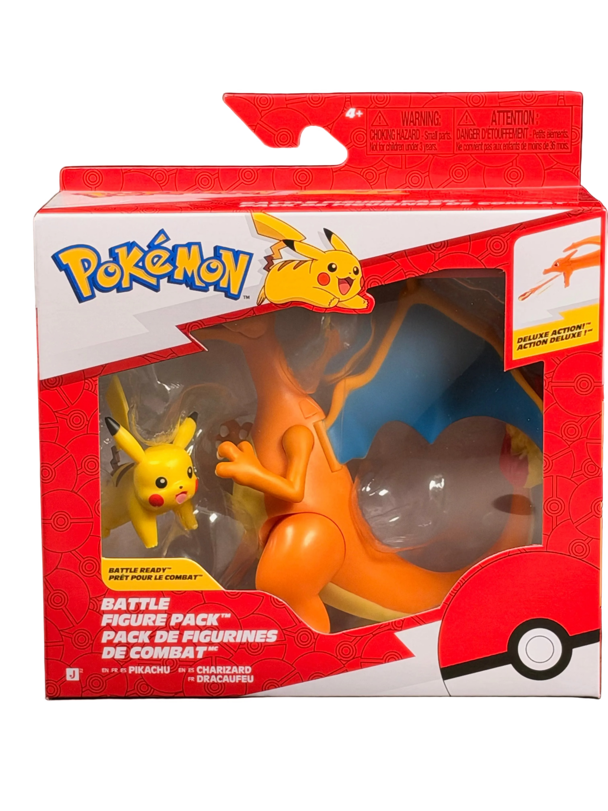 Pokémon Battle Figure Pack containing Charizard and Pikachu in its original red and white retail packaging, photographed against a solid black background.