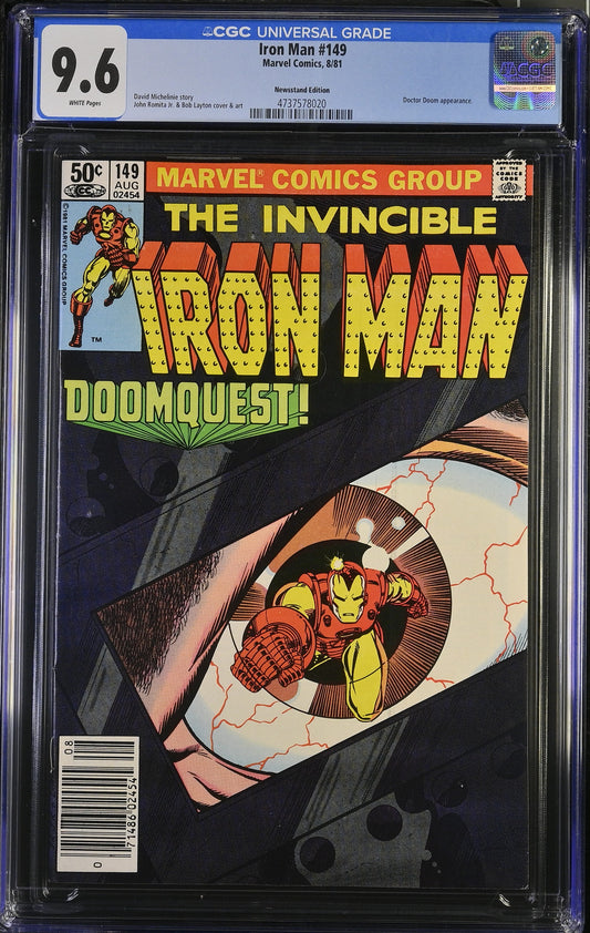 CGC graded Iron Man #149 'Doomquest!' comic book in a clear protective slab, with a CGC 9.6 grade label at the top and Marvel branding on the cover.