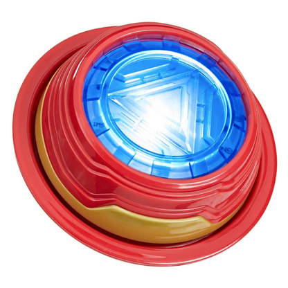 ToyReplica of a circular device with red, blue, and gold colors on a white background