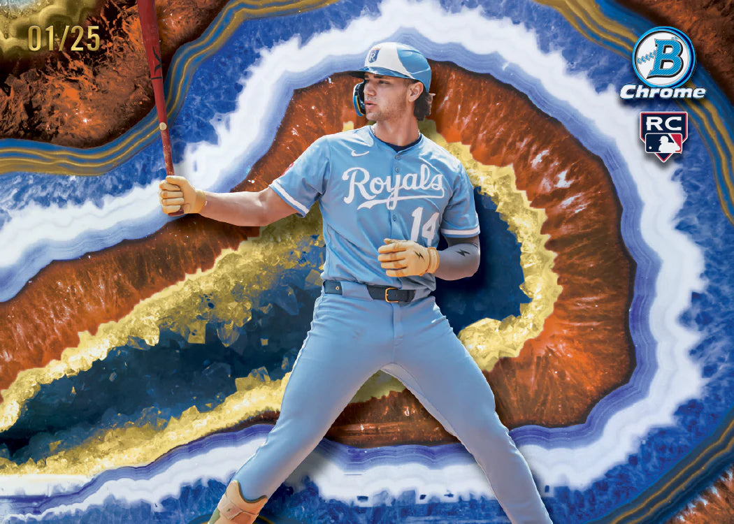 Baseball trading card featuring a player in a blue uniform with a gemstone-like background