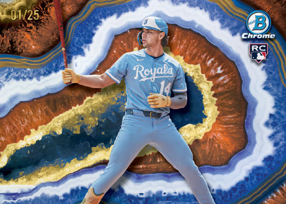 Baseball trading card featuring a player in a blue uniform with a gemstone-like background