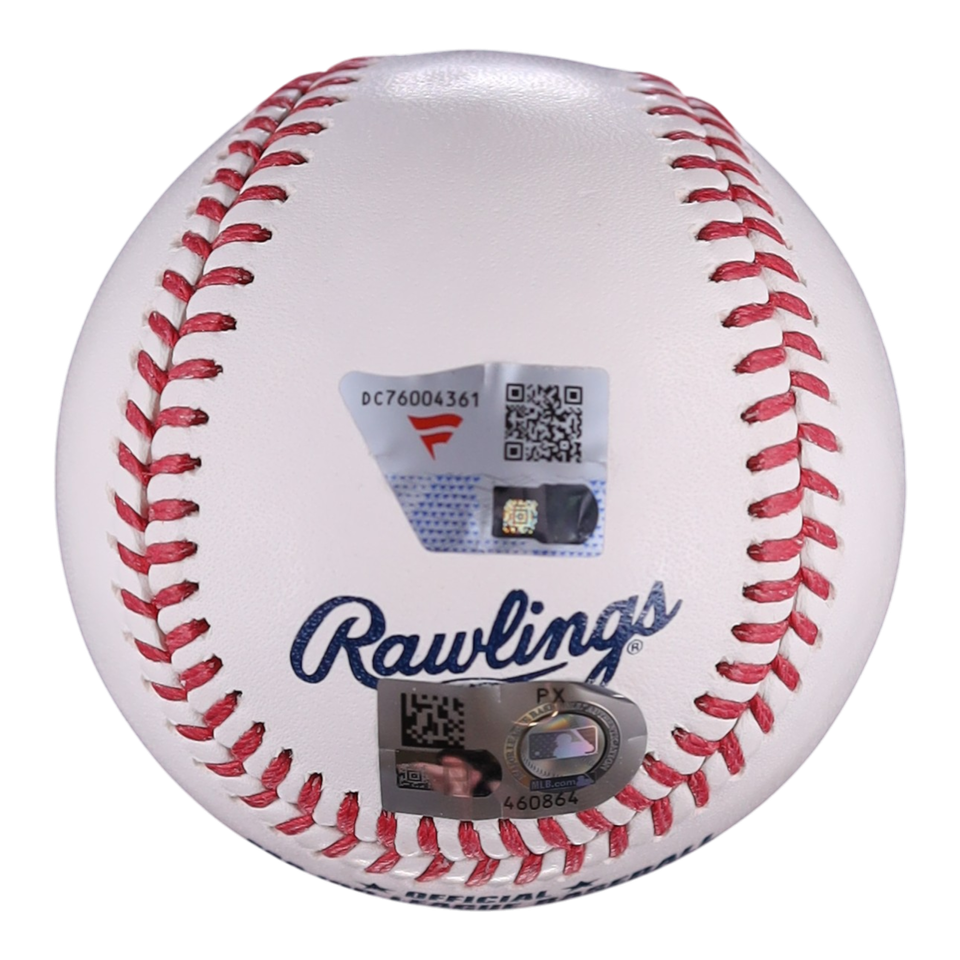 A white Rawlings baseball with red stitching, featuring two holographic security stickers on the front, isolated on a white background.