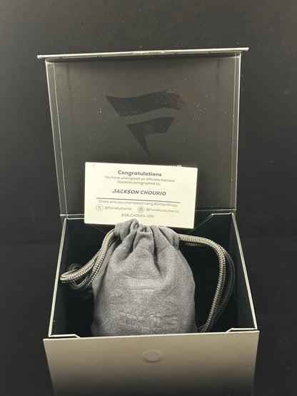Fanatics Under Wraps box with bagged Jackson Chourio Auto and congratulations authentication certificate