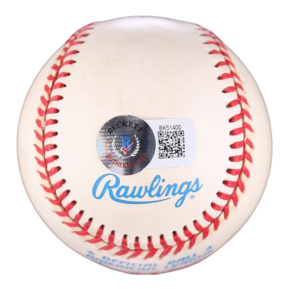 An official Rawlings baseball with red stitching, featuring a holographic authenticity sticker and a white QR code label on the front, isolated on a white background.