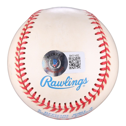 An official Rawlings baseball with red stitching, featuring a holographic authenticity sticker and a white QR code label on the front, isolated on a white background.