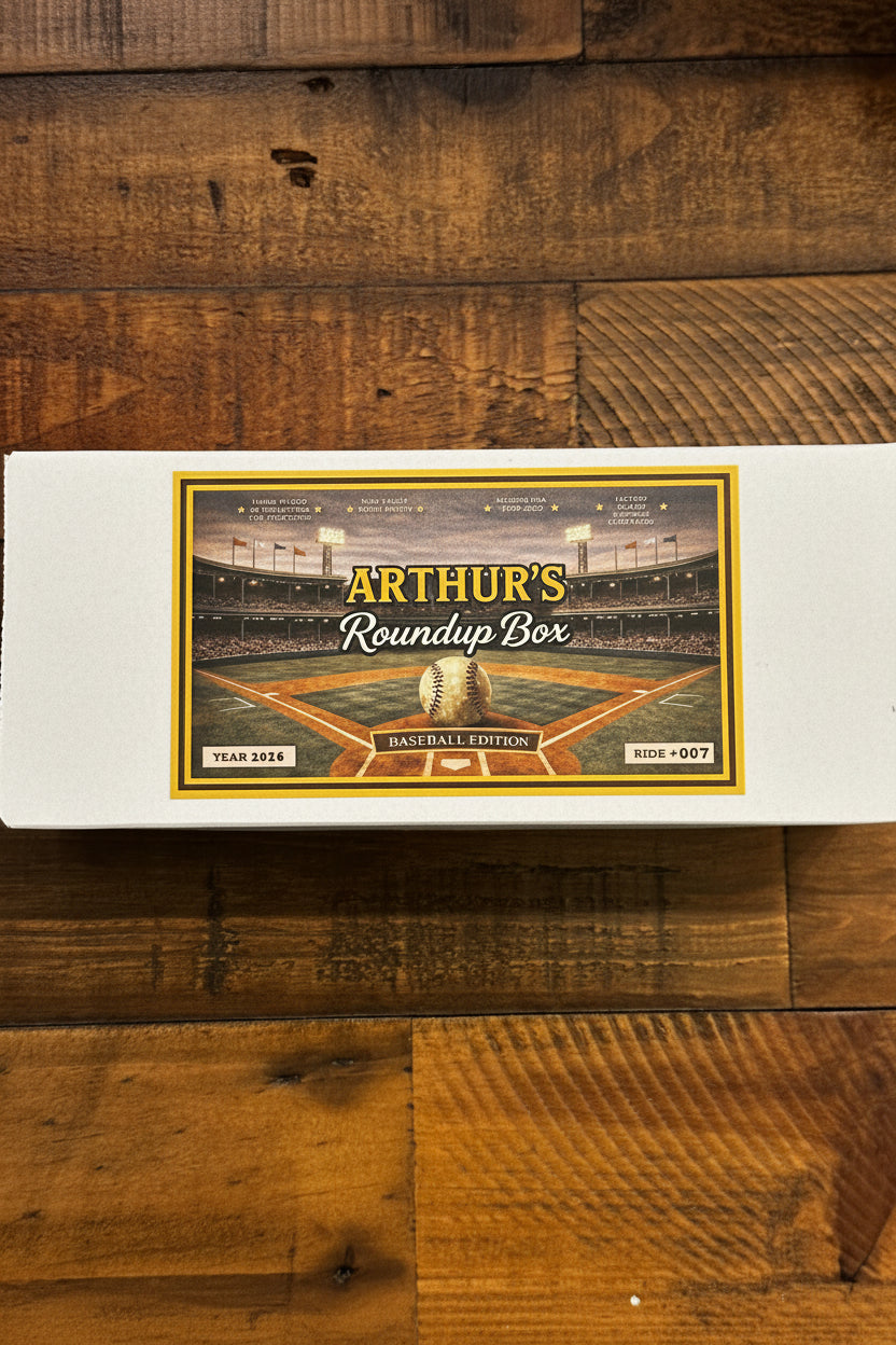 Box labeled 'Arthur's Roundup Box' on a wooden surface