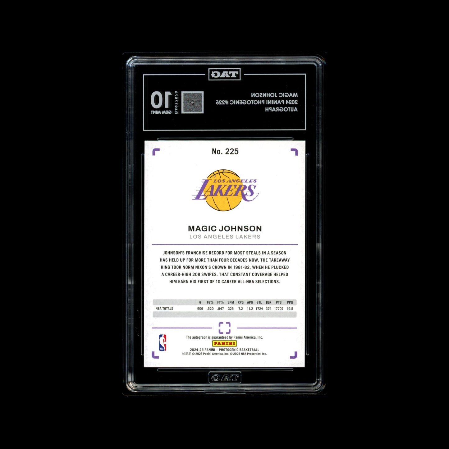 Basketball trading card of Magic Johnson with Lakers logo in a protective clear TAG case.