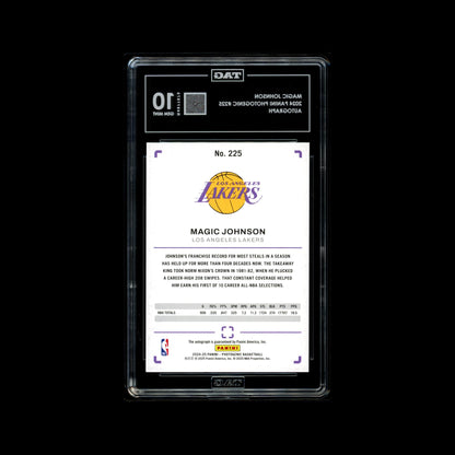Basketball trading card of Magic Johnson with Lakers logo in a protective clear TAG case.