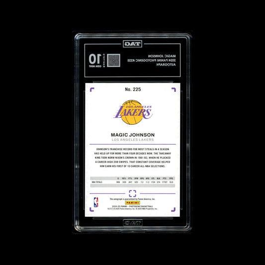 Basketball trading card of Magic Johnson with Lakers logo in a protective clear TAG case.