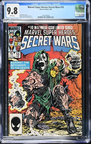 A graded comic book in a clear plastic protective case. The comic is Marvel's Secret Wars #10 from Marvel Super Heroes, graded CGC 9.8