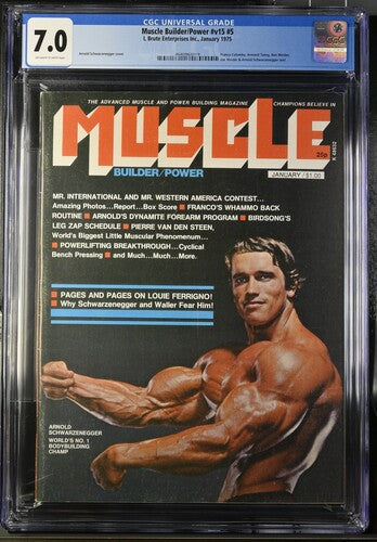 A graded copy of January 19715Muscle magazine featuring Arnold Schwarzenegger on the cover, encapsulated in a CGC Universal Grading holder. The magazine cover is black with bold orange-red title text and a muscular photo of Arnold.
