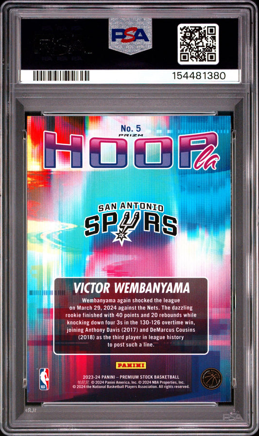 2023-24 Panini NBA Hoops Premium Stock Victor Wembanyama Hoopla Silver Prizm RC #5 PSA 10