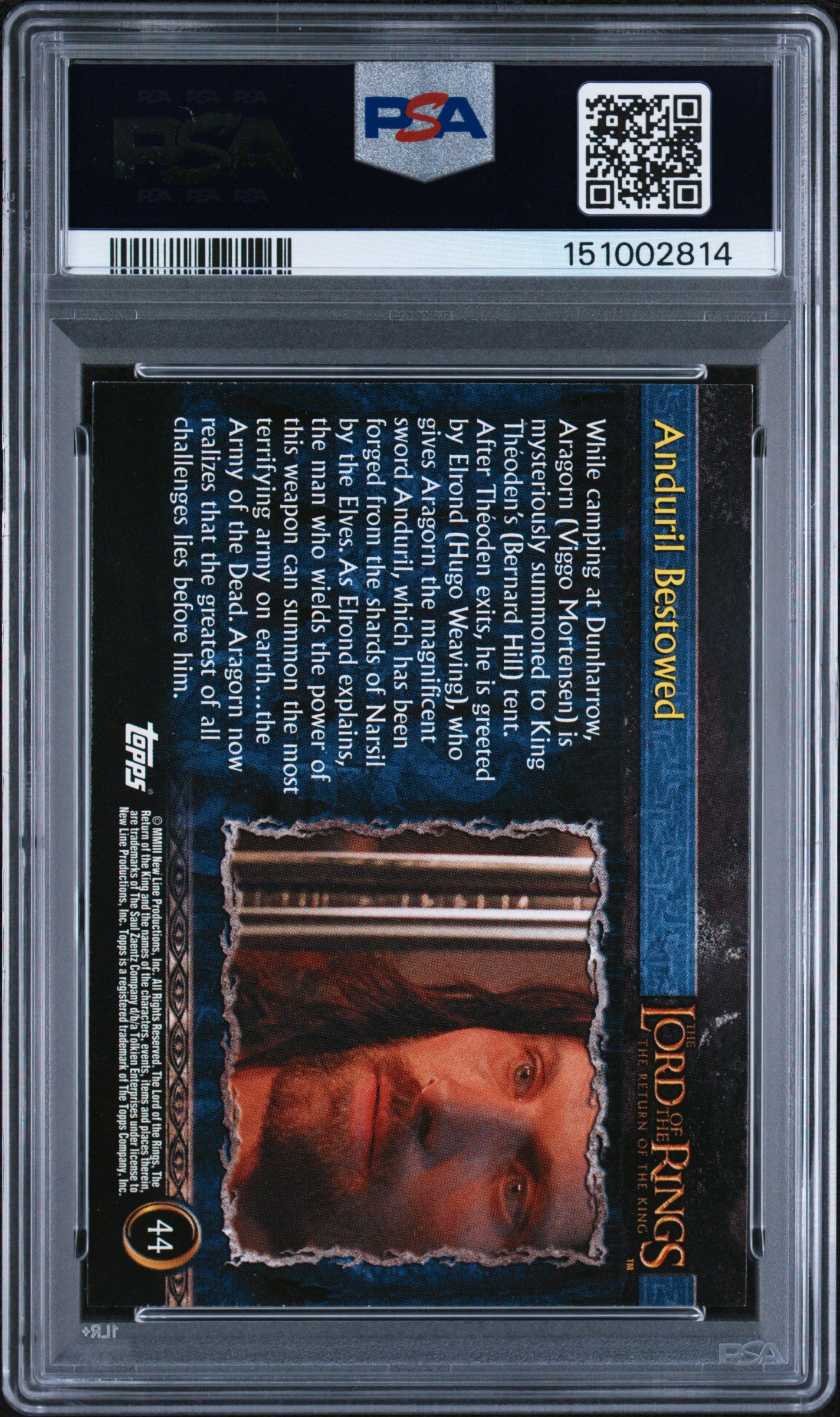 Trading card of Aragorn from 'The Lord of the Rings' with PSA grading information.