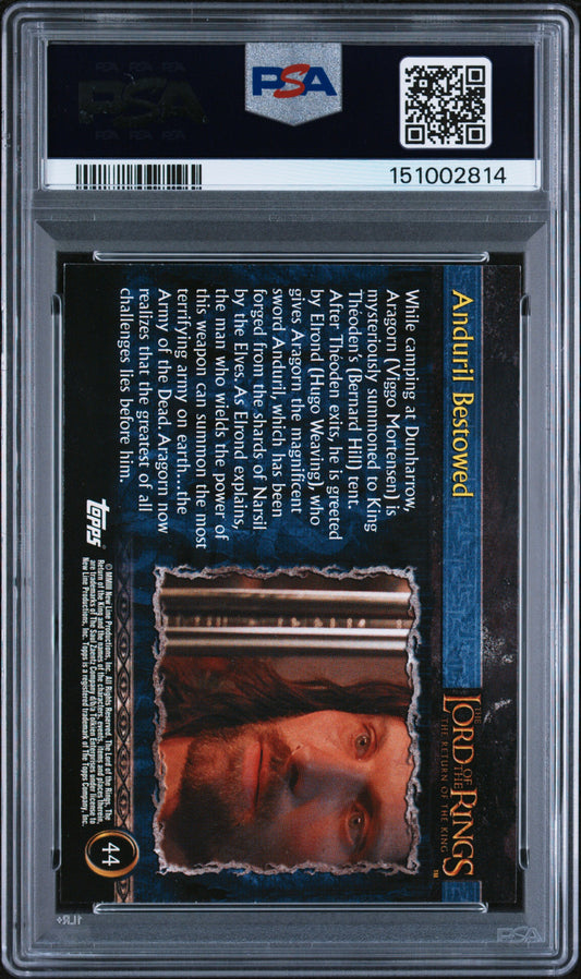 Trading card of Aragorn from 'The Lord of the Rings' with PSA grading information.