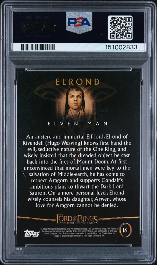 Trading card of Elrond from 'The Lord of the Rings' with Topps branding and PSA grading information.