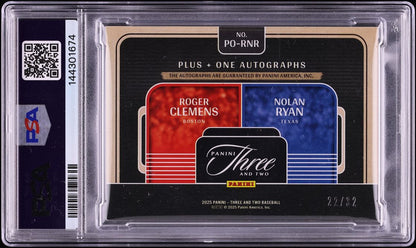 A Panini Three and Two baseball autograph card graded and encapsulated by PSA. The card features Roger Clemens in red and Nolan Ryan in blue, set against a black background with gold accents, inside a clear plastic protective case.