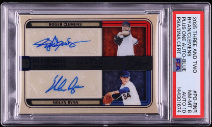 A PSA-graded 2025 trading card featuring Roger Clemens and Nolan Ryan, sealed in a clear plastic protective case. The card is a Plus-One Autograph edition with blue ink signatures and player photos on a red, black, and beige background.