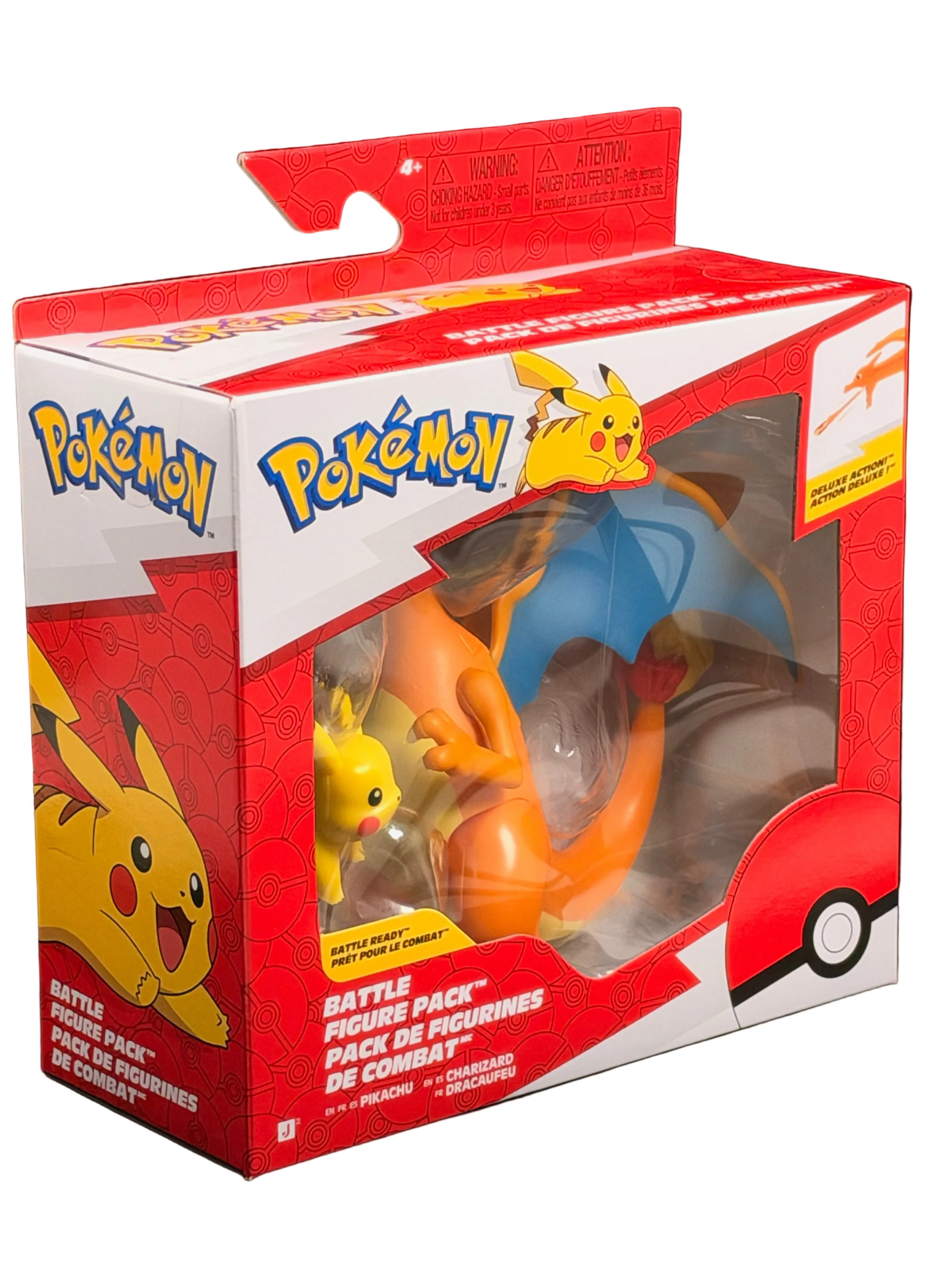 Pokémon Battle Pose Pack figure in its original red and white retail box, featuring Charizard and Pikachu visible through a clear window, photographed against a black background.