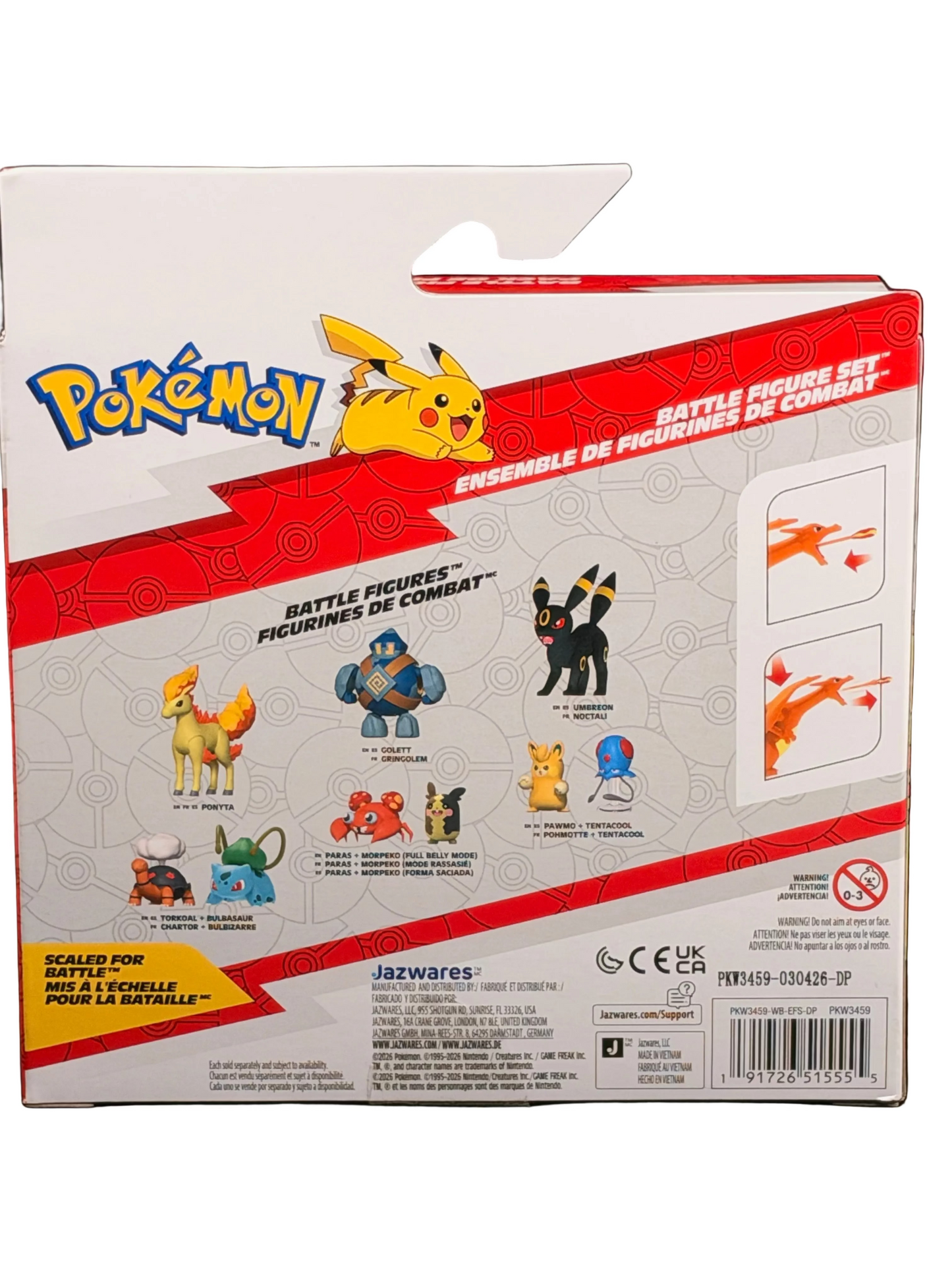 Back of a Pokémon Battle Chips Set toy packaging box, showing character illustrations, product details, and a barcode on a black background.
