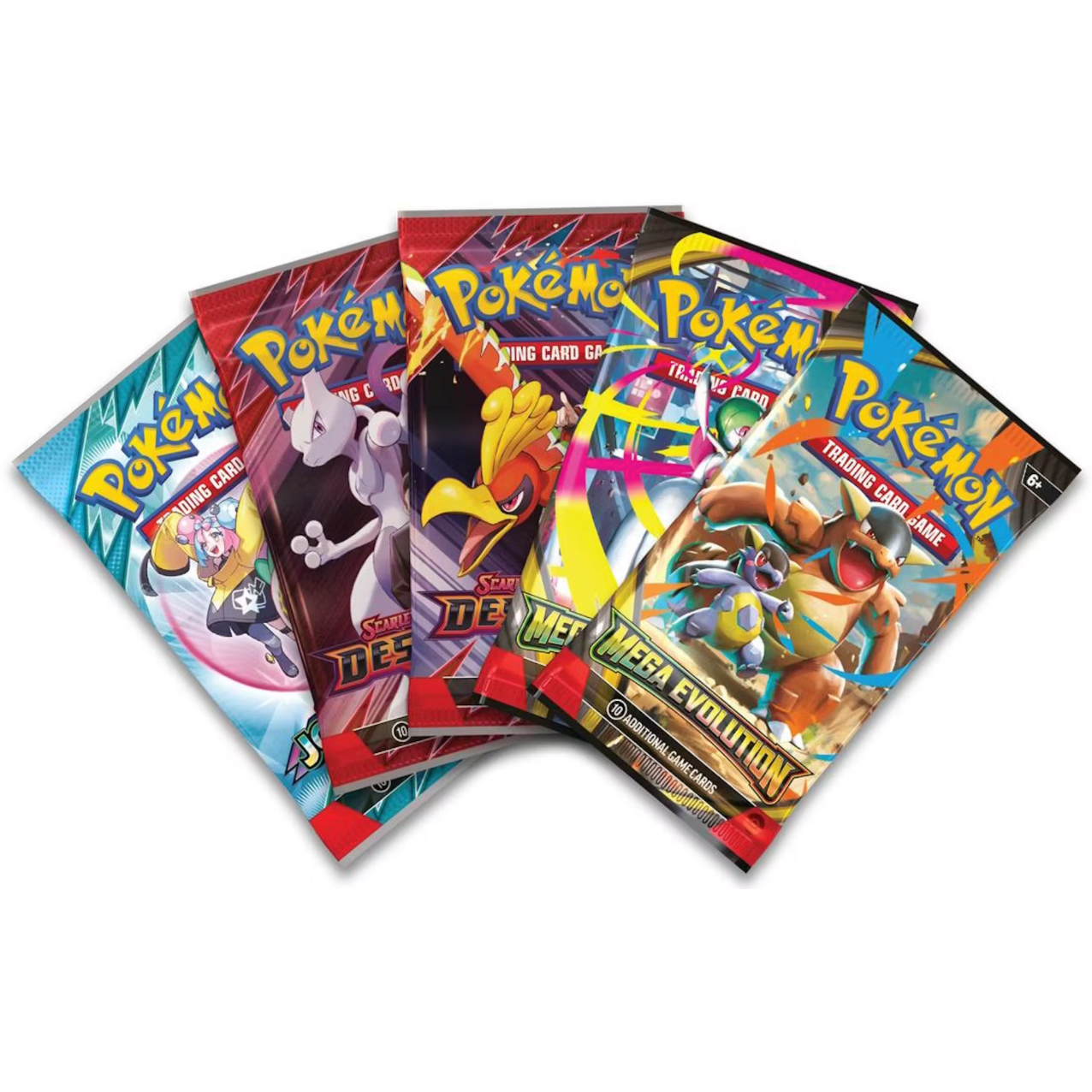 Collection of colorful Pokémon trading card game packs on a white background