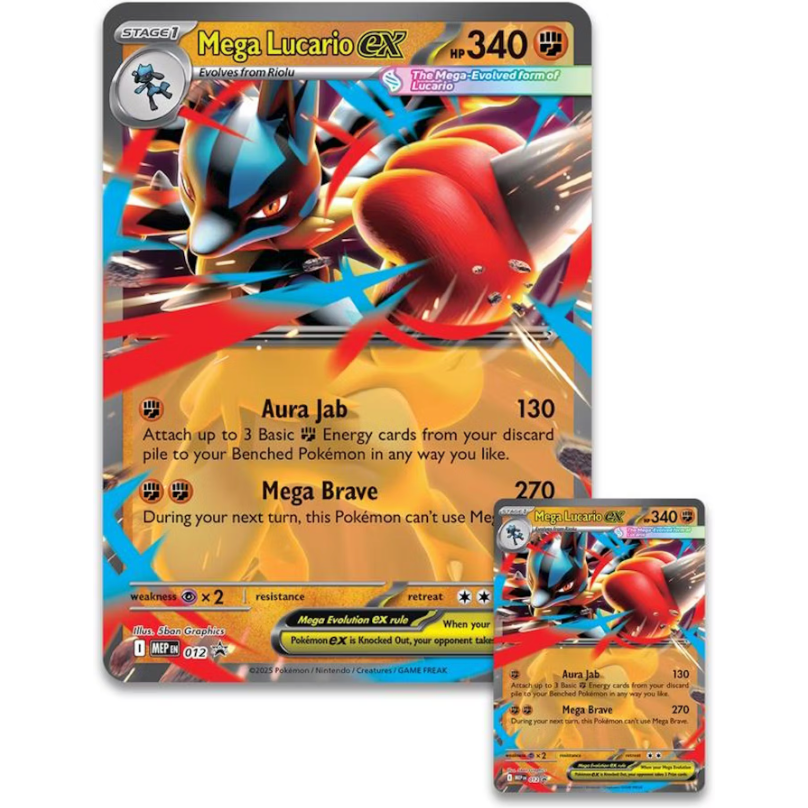 Pokémon trading card featuring Mega Lucario EX with detailed artwork and text.