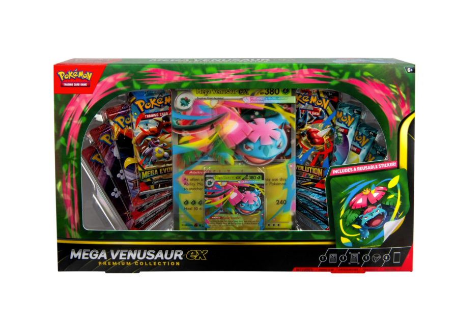 Pokémon Mega Venusaur Gx premium collection packaging with toys and cards.