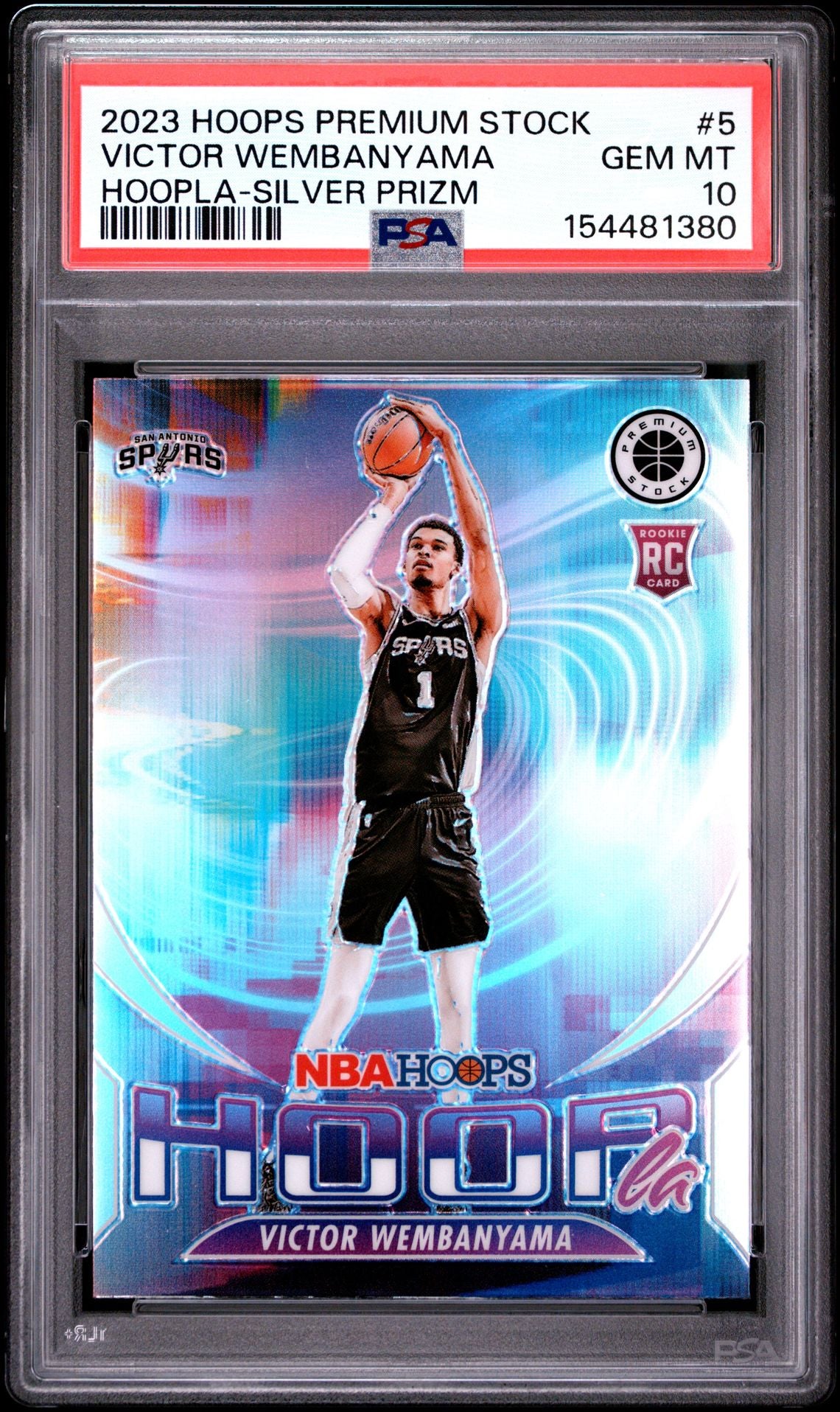 Photo Alt Text
2023-24 Panini NBA Hoops Premium Stock Victor Wembanyama Hoopla Silver Prizm rookie card #5 graded PSA 10