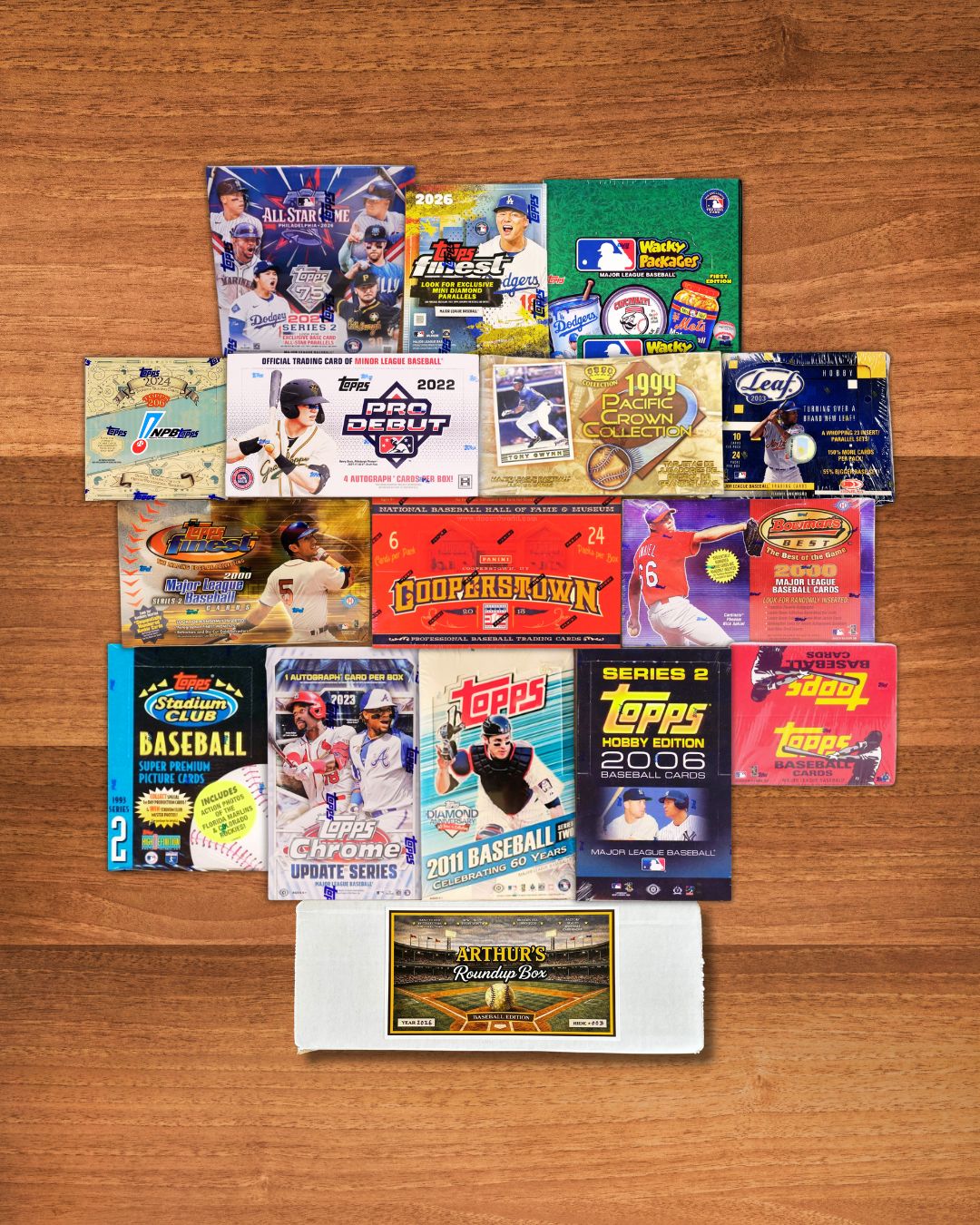 Factory sealed Baseball trading card hobby and retail boxes for Arthur's Roundup Box August 2026 Ride #009 