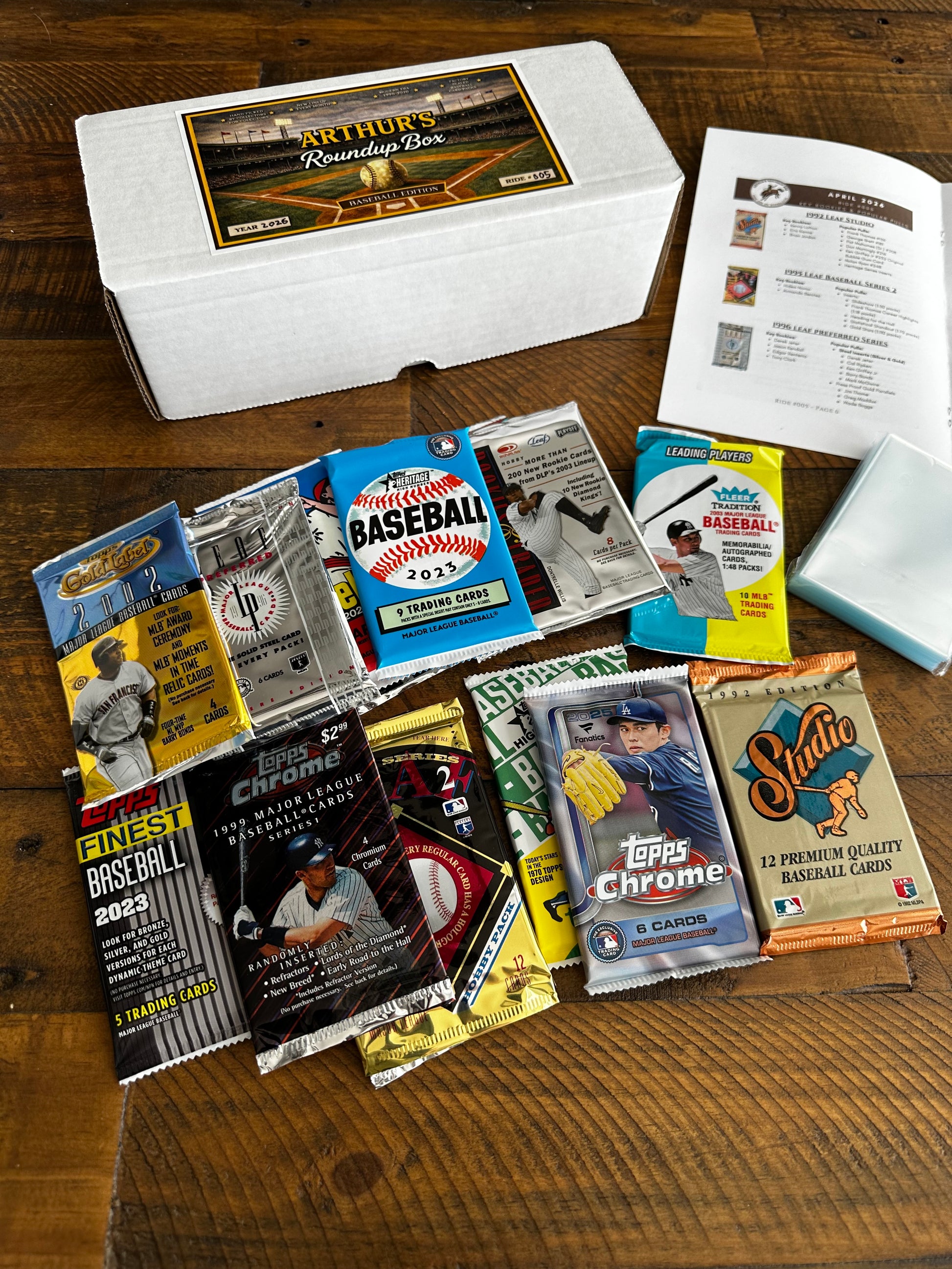 Collection of baseball trading cards from Arthur's roundup box and guidebook on a wooden surface