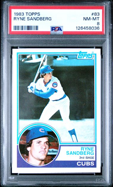 Baseball trading card of Ryne Sandberg from 1983 Topps set, graded by PSA.