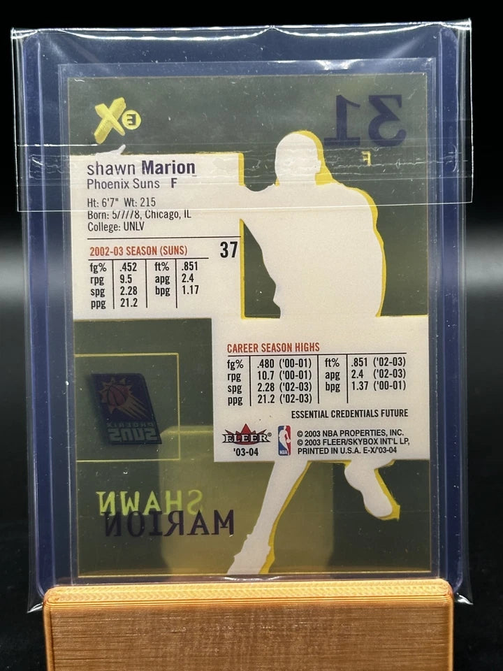 Back of 2003-04 Fleer E-X Essential Credentials Future Shawn Marion #37 serial numbered 05/66 Phoenix Suns card