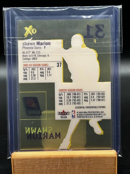 Back of 2003-04 Fleer E-X Essential Credentials Future Shawn Marion #37 serial numbered 05/66 Phoenix Suns card