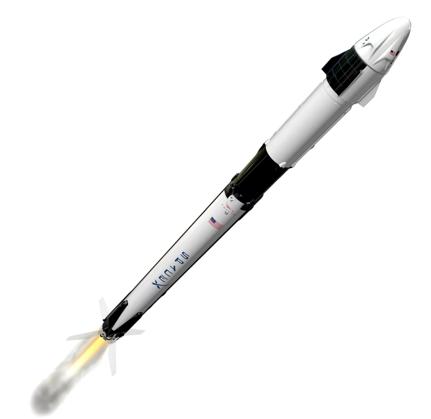 Model rocket with a visible flame on a white background