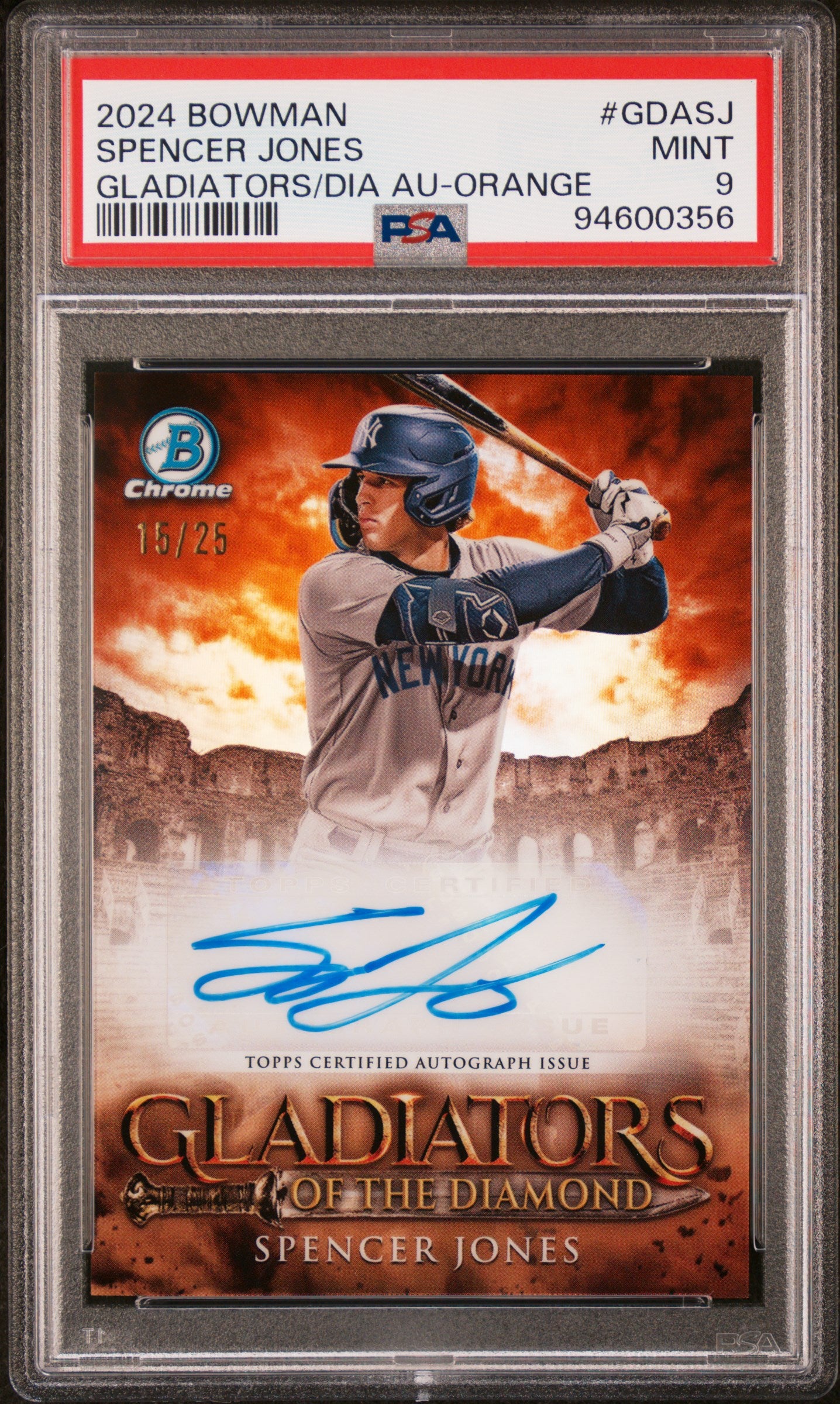 Baseball trading card of Spencer Jones with a red and orange background, featuring a signature and number 14/25.