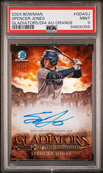 Baseball trading card of Spencer Jones with a red and orange background, featuring a signature and number 14/25.