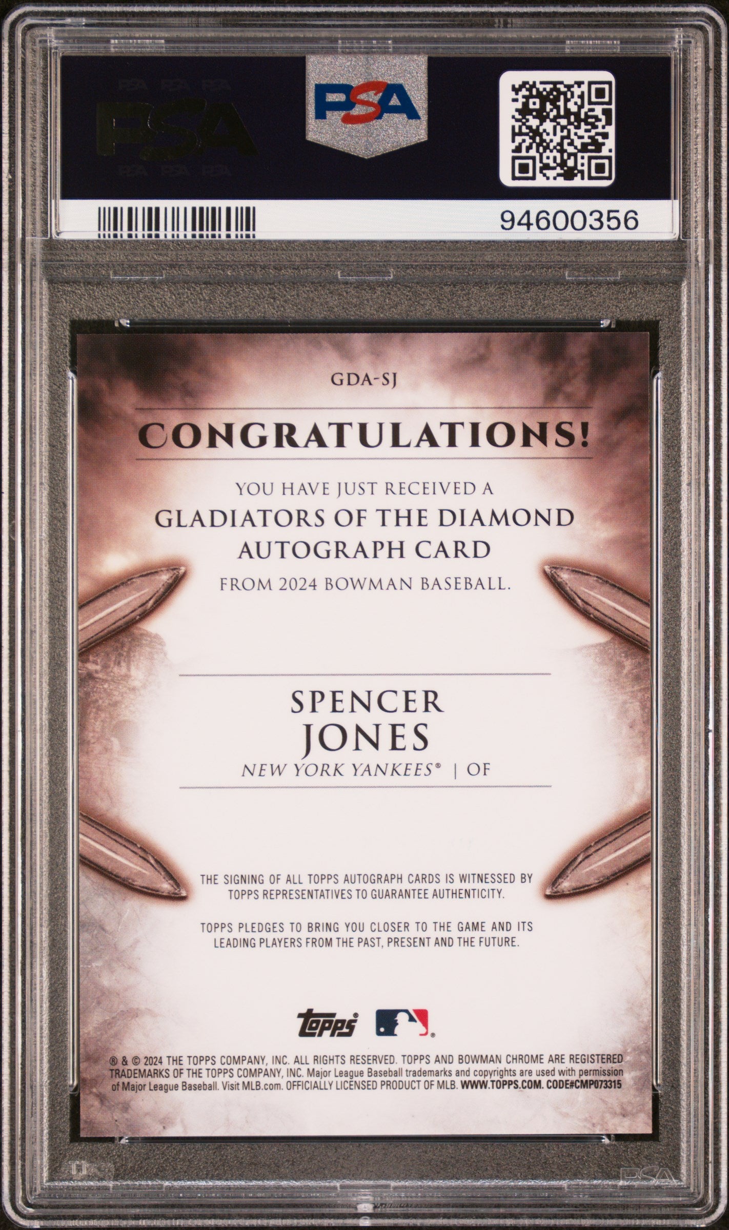 Baseball card featuring Spencer Jones with a PSA grading label