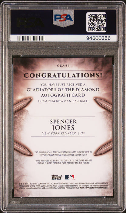 Baseball card featuring Spencer Jones with a PSA grading label