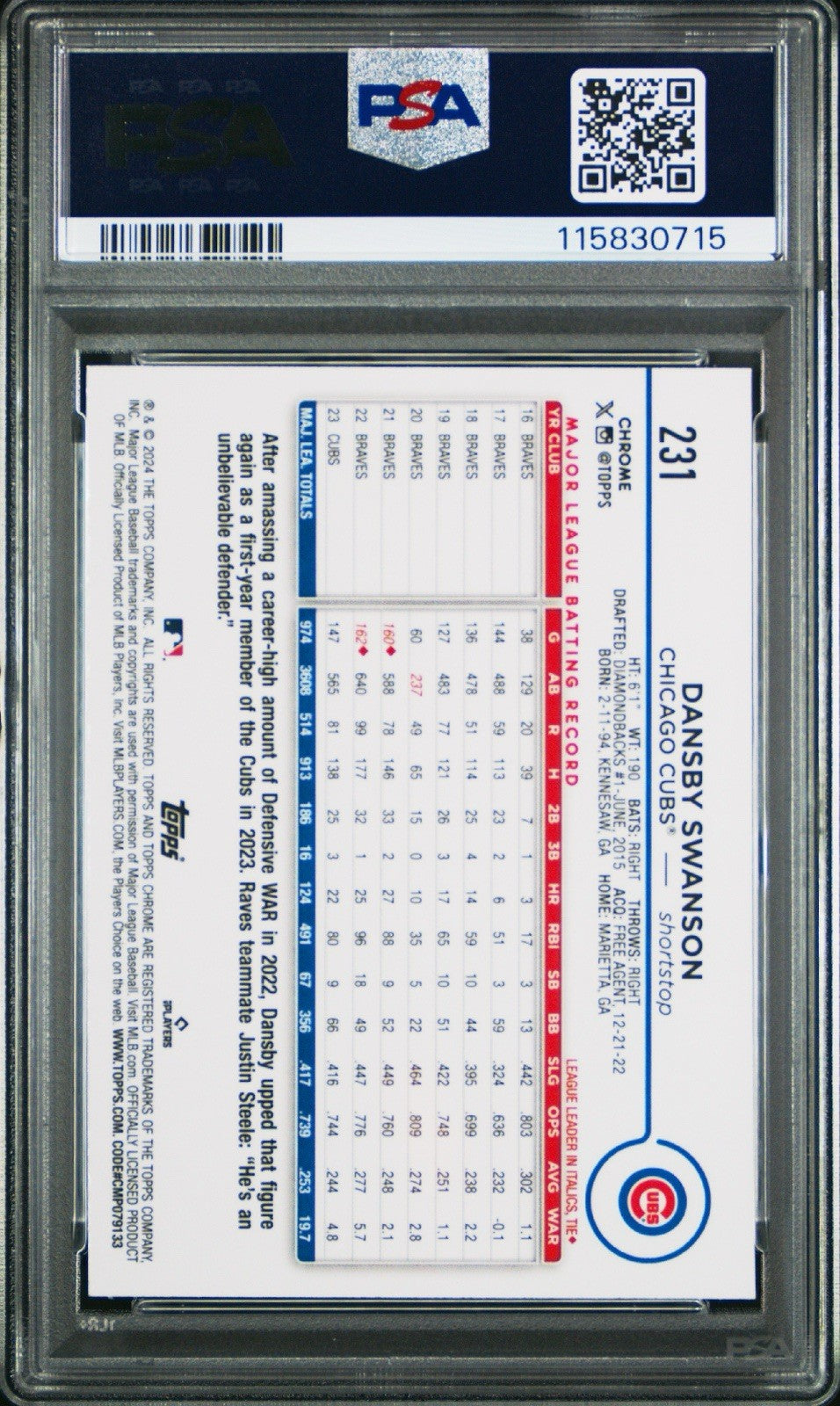 Dansby Swanson 2024 Topps Chrome Logofractor Blue Color Match #231 Cubs PSA Gem Mint 10