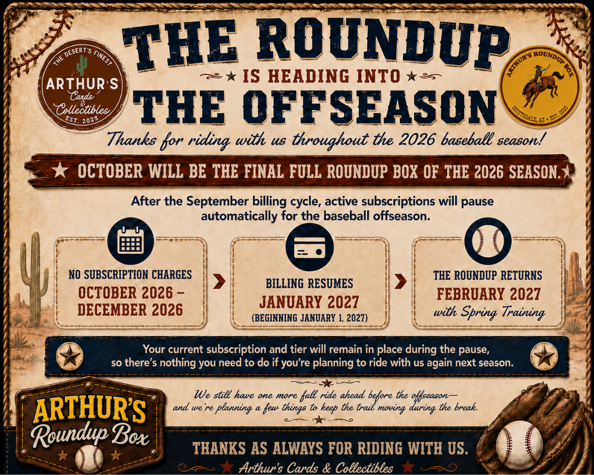 A vintage-style promotional poster for Arthur's Roundup Box baseball season, featuring large text reading 'THE ROUNDUP IS HEADING INTO THE OFFSEASON' and billing/resume timeline boxes on a tan parchment-like background with cowboy motifs.