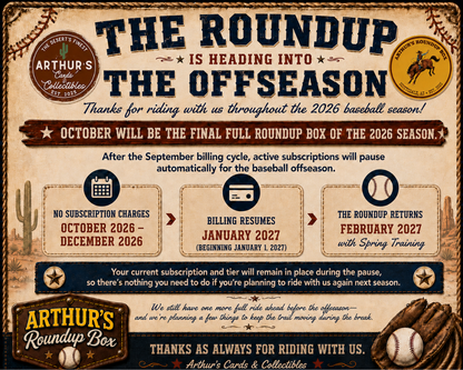 A vintage-style promotional poster for Arthur's Roundup Box baseball season, featuring large text reading 'THE ROUNDUP IS HEADING INTO THE OFFSEASON' and billing/resume timeline boxes on a tan parchment-like background with cowboy motifs.