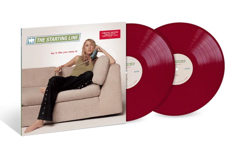 Red vinyl records with a packaging featuring a person on a couch, labeled 'The Starting Line'.