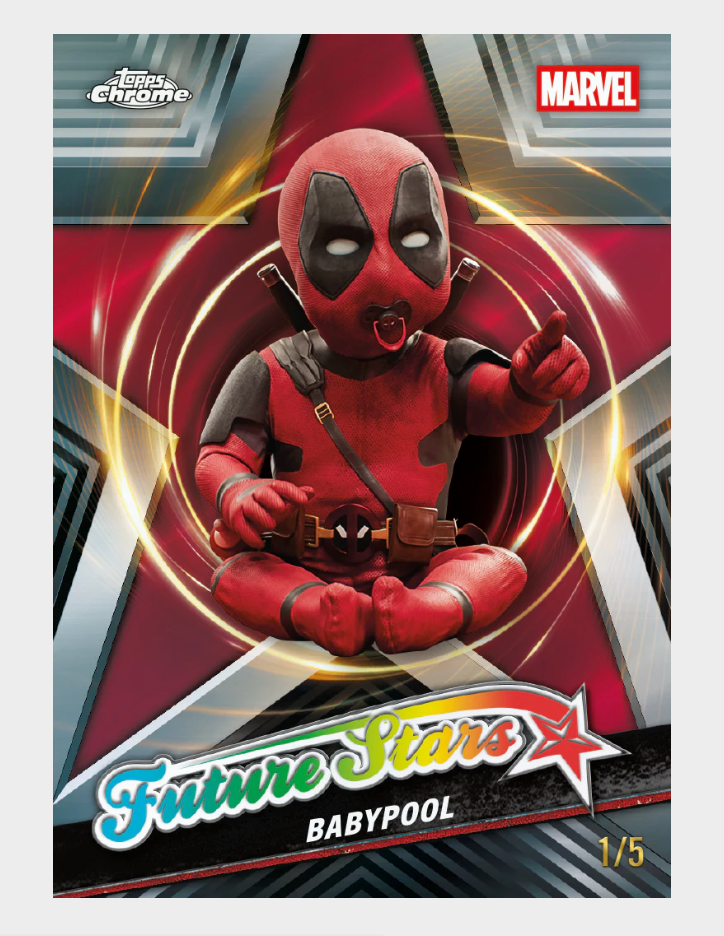 Marvel Future Stars trading card featuring a baby superhero in a red costume with 'Chrome' branding.