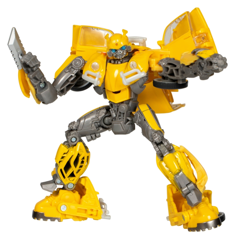 Yellow and gray robot toy on a white background