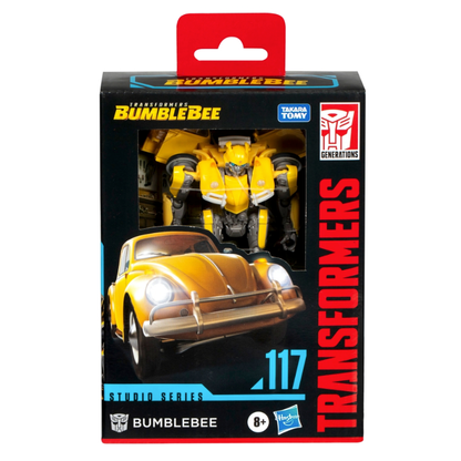 Transformers Bumblebee toy figure packaging with yellow car and robot, Takara Tomy branding.